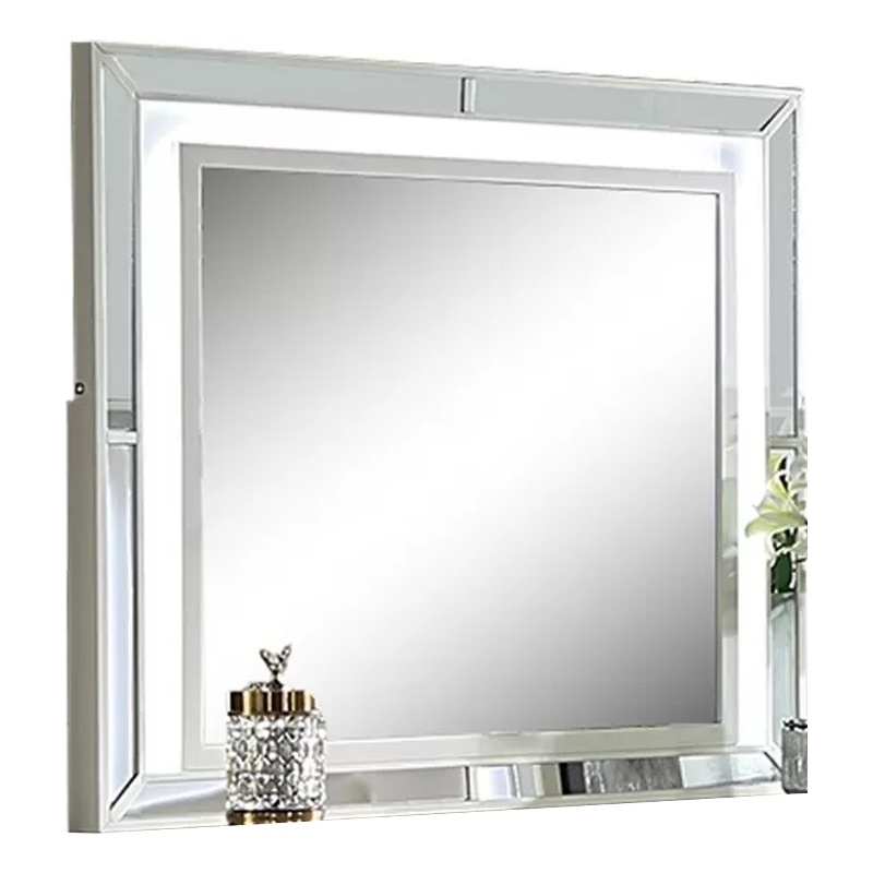 Pumi Dresser Mirror w LED- Glass Panel Trim- Ivory 38x44 Rectangular