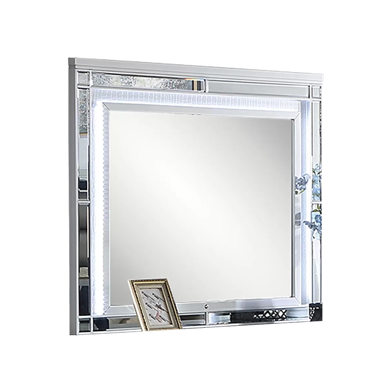 Liva Dresser Mirror w LED- Glass Panel Trim- Silver 38x44 Rectangular