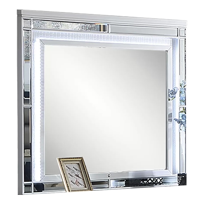 Liva Dresser Mirror w LED- Glass Panel Trim- Silver 38x44 Rectangular