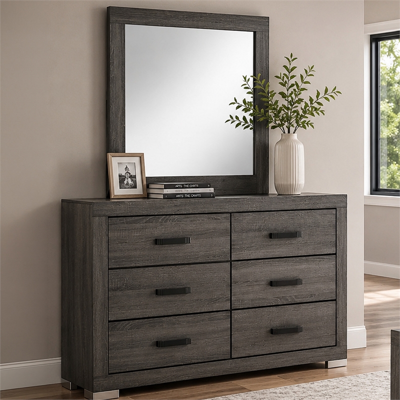Luyi Dresser Mirror- Framed Border- Textured Foil Gray 35 Inch Square