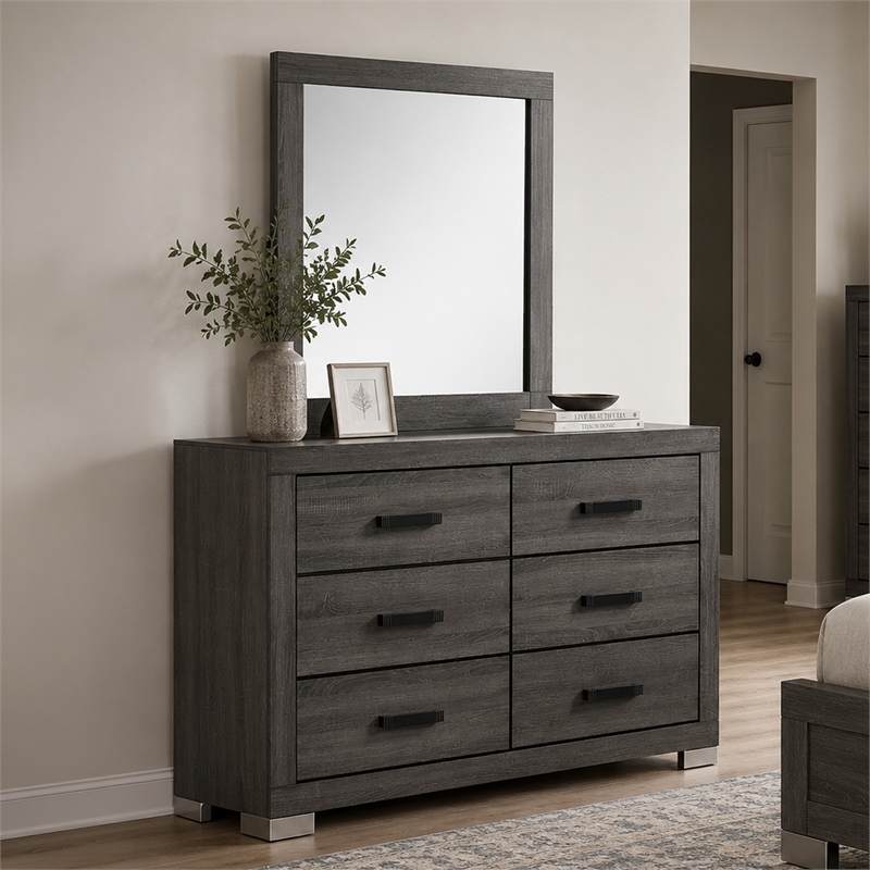 Luyi Dresser Mirror- Framed Border- Textured Foil Gray 35 Inch Square