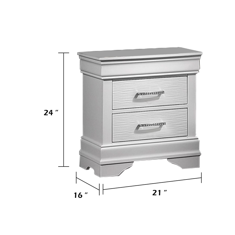 Shoba Nightstand- 2 Textured Drawers- Faux Diamond Inlaid Handles- White