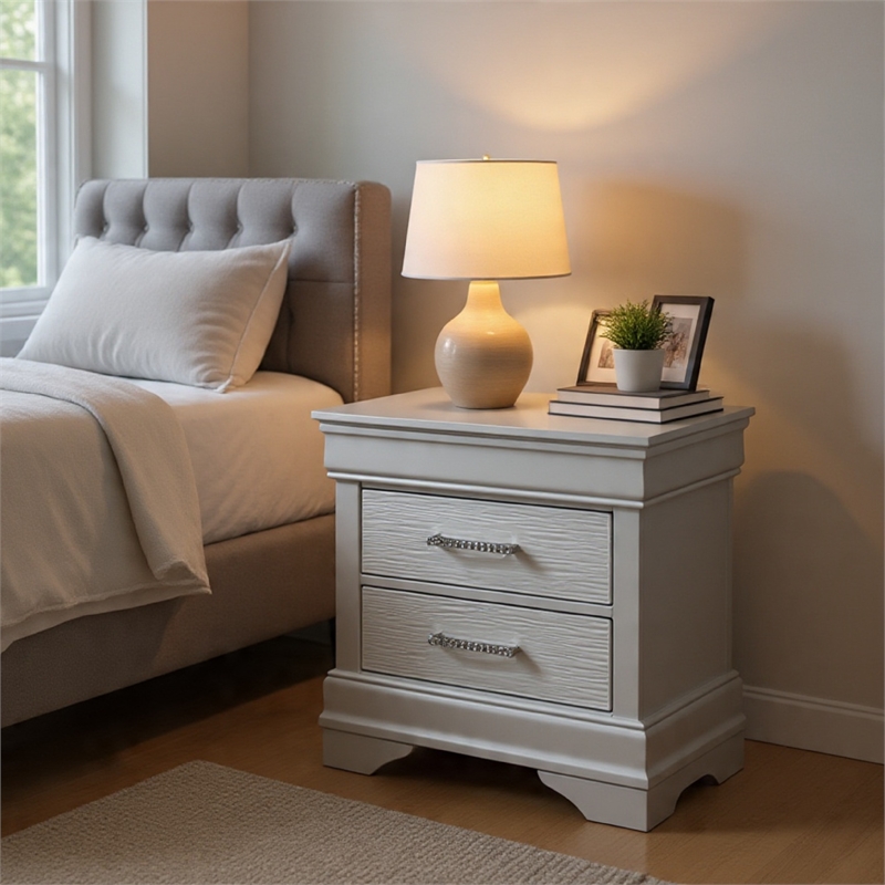 Shoba Nightstand- 2 Textured Drawers- Faux Diamond Inlaid Handles- White