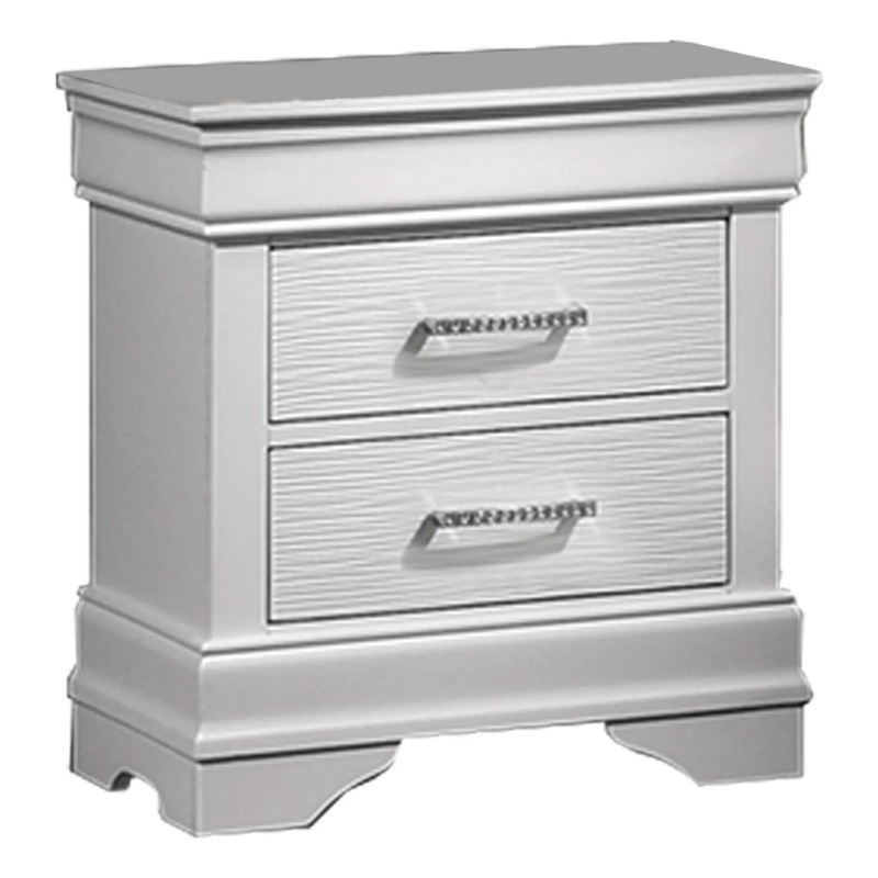 Shoba Nightstand- 2 Textured Drawers- Faux Diamond Inlaid Handles- White