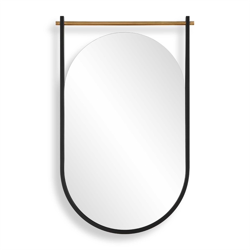 Decorative Oval Wall Mirror- Gold Leaf Rod- 21x34 Satin Black Hanging Frame
