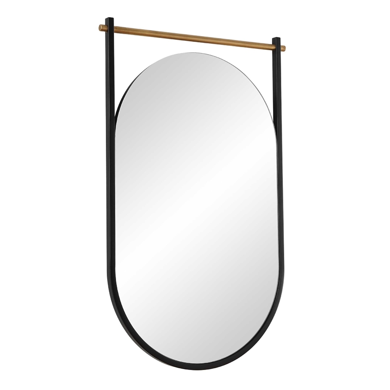 Decorative Oval Wall Mirror- Gold Leaf Rod- 21x34 Satin Black Hanging Frame