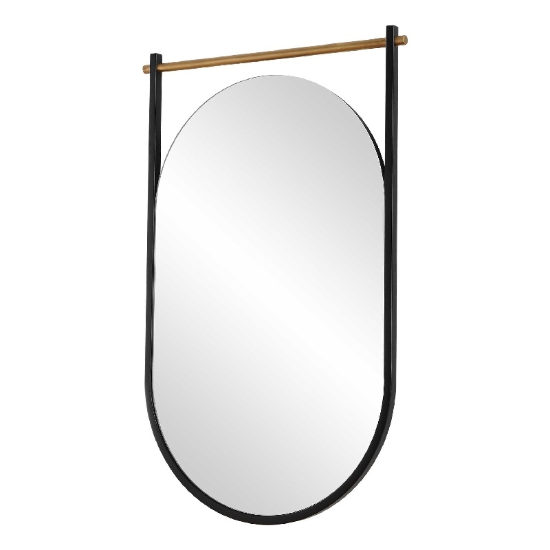 Decorative Oval Wall Mirror- Gold Leaf Rod- 21x34 Satin Black Hanging Frame
