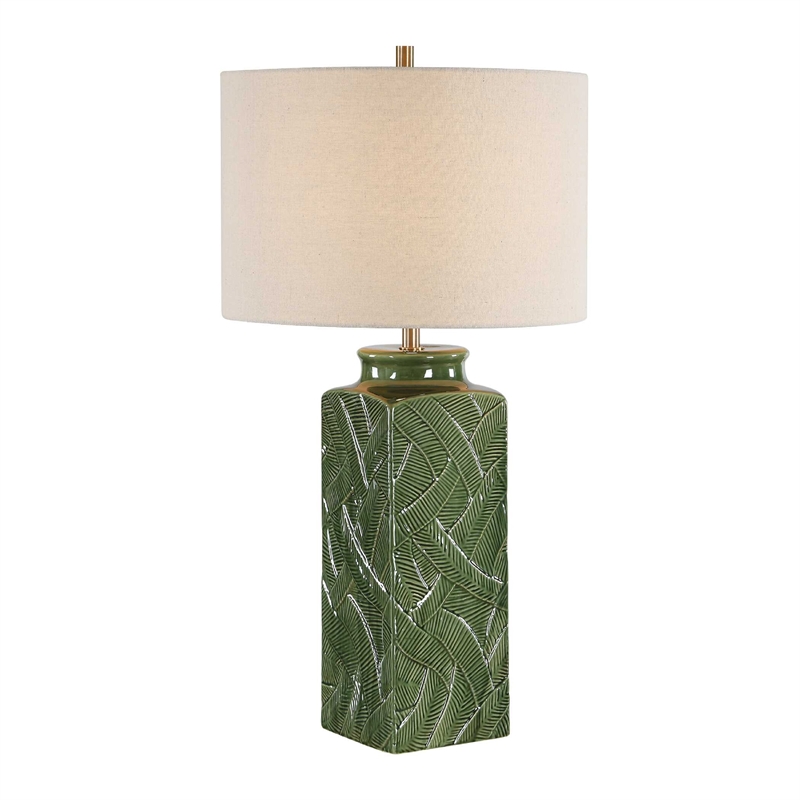 Table Lamp- Beige Shade- Raised Leaf Motif- Glossy Green Ceramic- 28 Inch