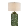 Table Lamp- Beige Shade- Raised Leaf Motif- Glossy Green Ceramic- 28 Inch