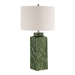 Table Lamp- Beige Shade- Raised Leaf Motif- Glossy Green Ceramic- 28 Inch