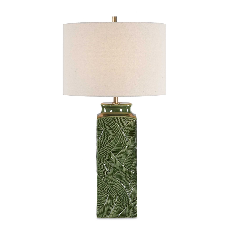 Table Lamp- Beige Shade- Raised Leaf Motif- Glossy Green Ceramic- 28 Inch