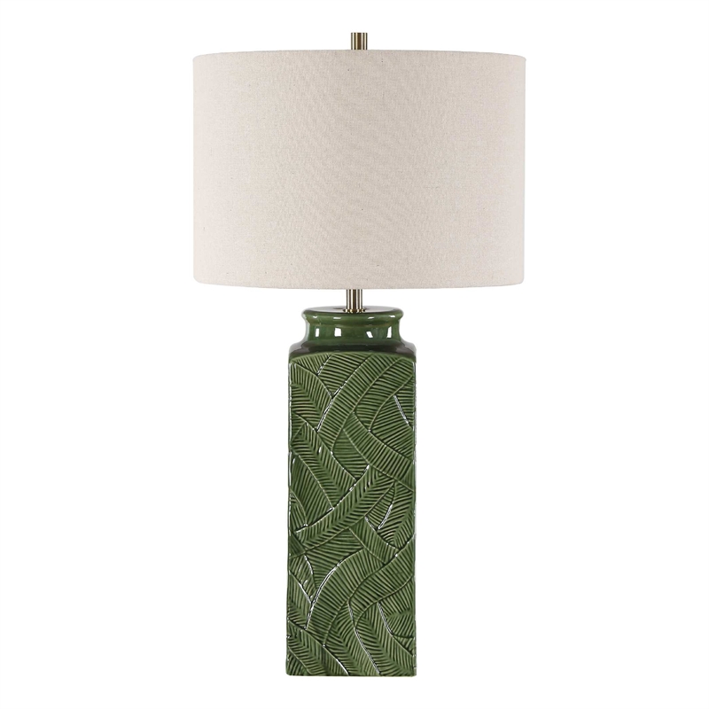 Table Lamp- Beige Shade- Raised Leaf Motif- Glossy Green Ceramic- 28 Inch