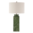 Table Lamp- Beige Shade- Raised Leaf Motif- Glossy Green Ceramic- 28 Inch