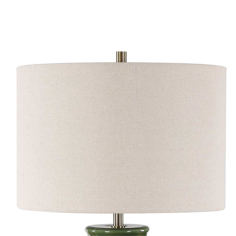Table Lamp- Beige Shade- Raised Leaf Motif- Glossy Green Ceramic- 28 Inch