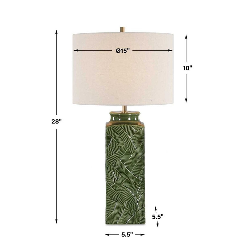 Table Lamp- Beige Shade- Raised Leaf Motif- Glossy Green Ceramic- 28 Inch