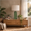 Table Lamp- Beige Shade- Raised Leaf Motif- Glossy Green Ceramic- 28 Inch