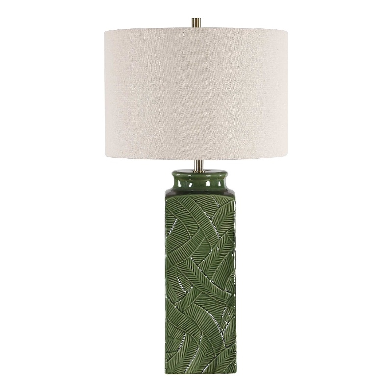 Table Lamp- Beige Shade- Raised Leaf Motif- Glossy Green Ceramic- 28 Inch