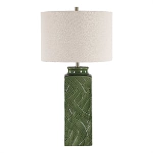 Table Lamp- Beige Shade- Raised Leaf Motif- Glossy Green Ceramic- 28 Inch