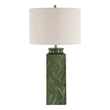 Table Lamp- Beige Shade- Raised Leaf Motif- Glossy Green Ceramic- 28 Inch