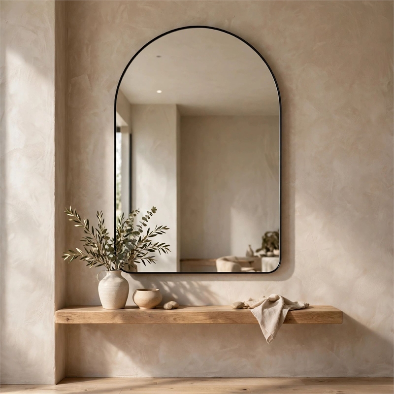 Rectangular Floating Mirror- Arched Top- Modern Style Satin Black 22x34