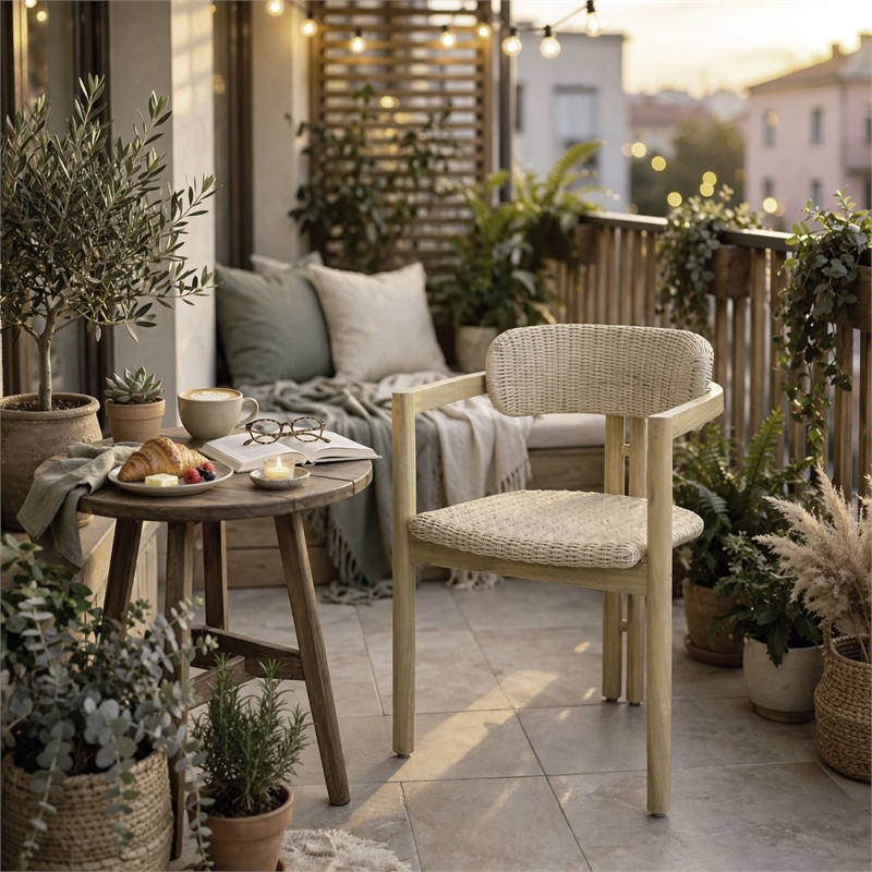 Seno Outdoor Chair Set of 2- Curved Back- Beige Wicker Seat- Natural Wood