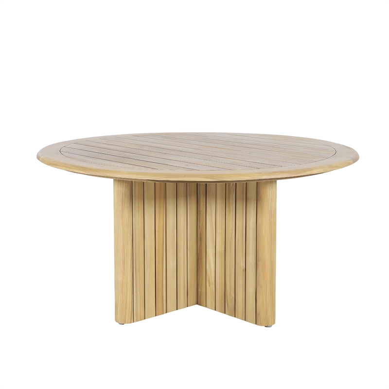 Seno Outdoor Round Dining Table- Slatted Design- Natural Brown 59 Inch
