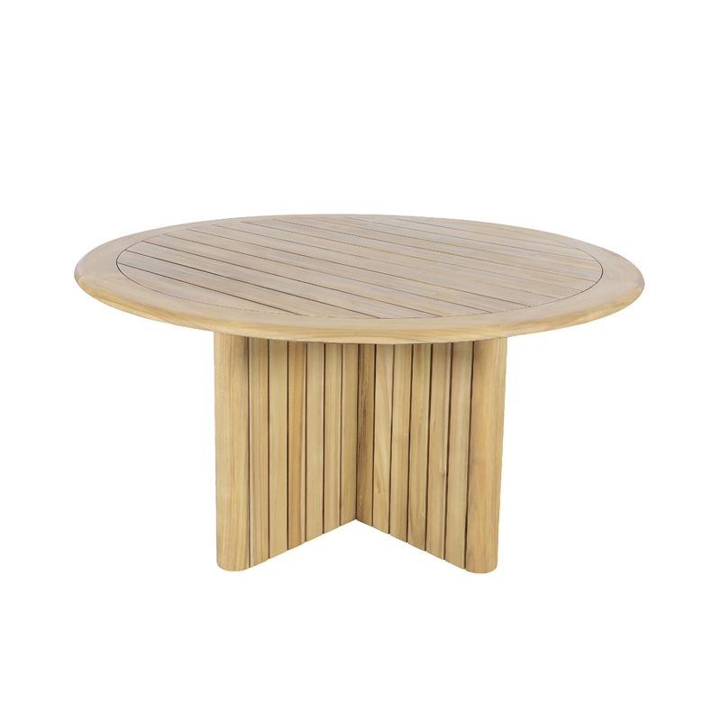 Seno Outdoor Round Dining Table- Slatted Design- Natural Brown 59 Inch