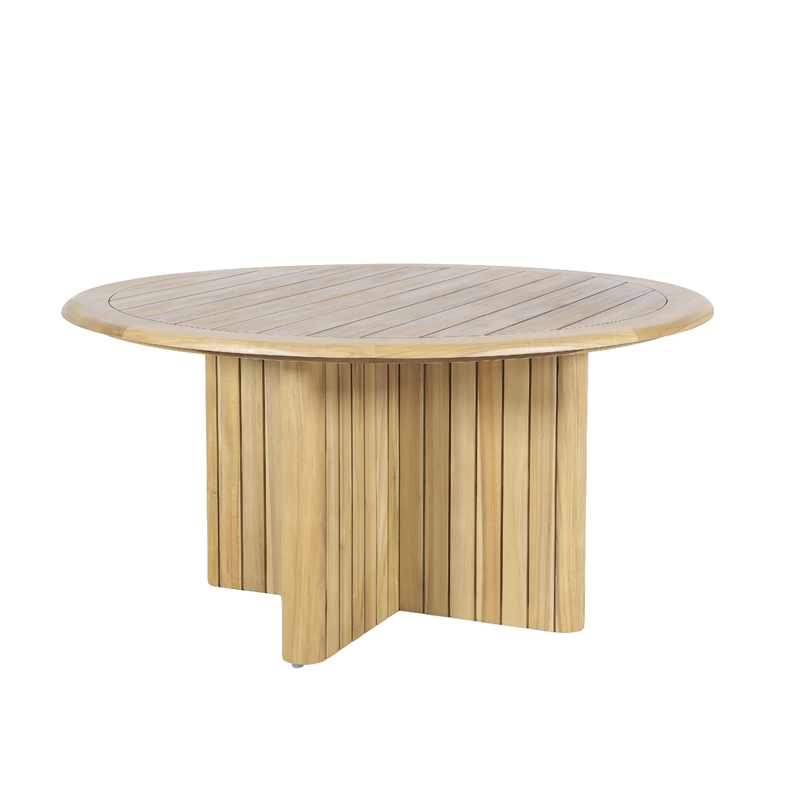 Seno Outdoor Round Dining Table- Slatted Design- Natural Brown 59 Inch