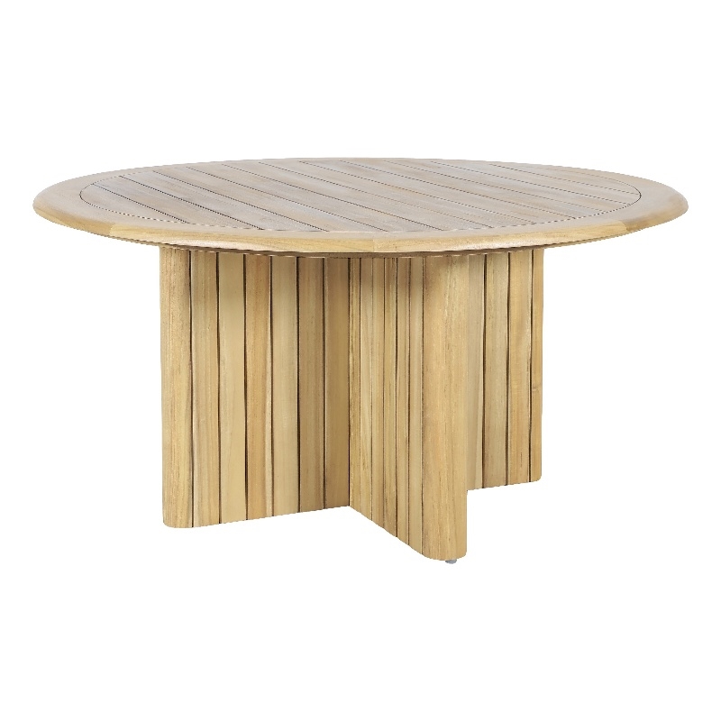 Seno Outdoor Round Dining Table- Slatted Design- Natural Brown 59 Inch