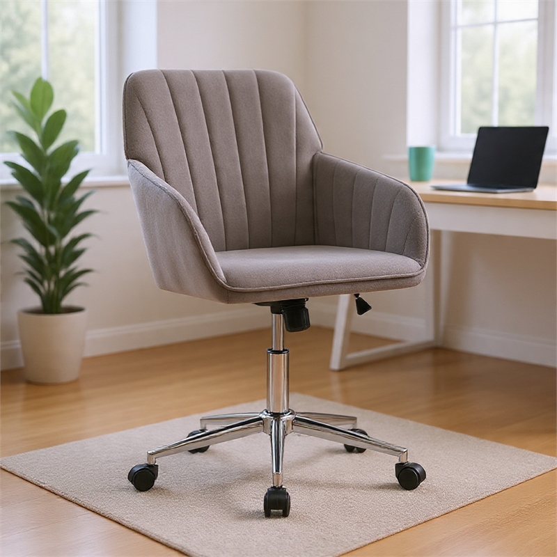 Arun Swivel Office Chair- Memory Foam- Tufted Gray Velvet- Silver Metal