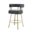 Fara Barstool Chair Set of 2- Foam Fill Gray Teddy Fleece- Gold Metal