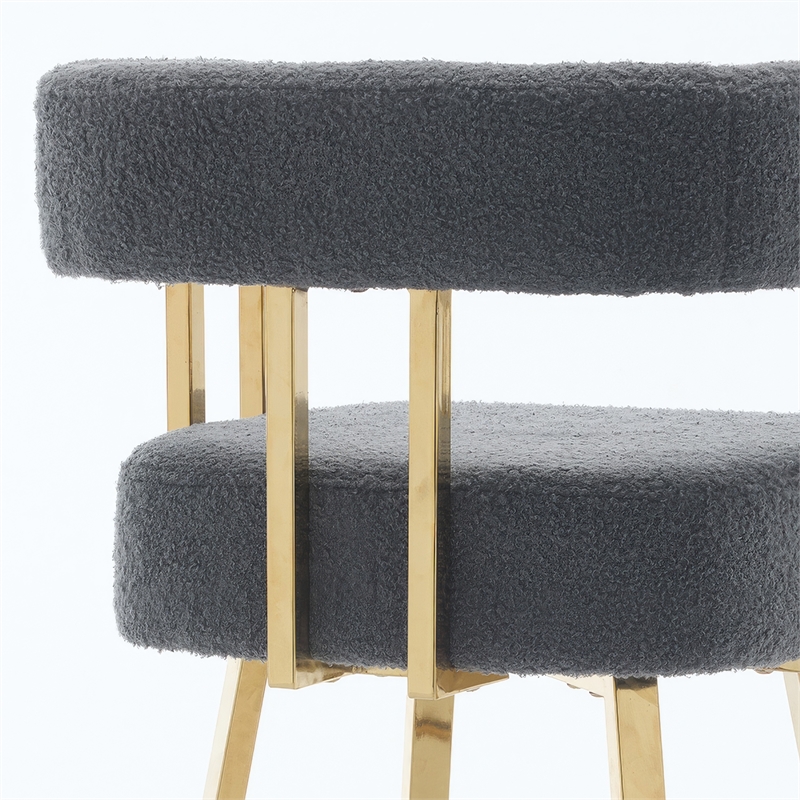 Fara Barstool Chair Set of 2- Foam Fill Gray Teddy Fleece- Gold Metal