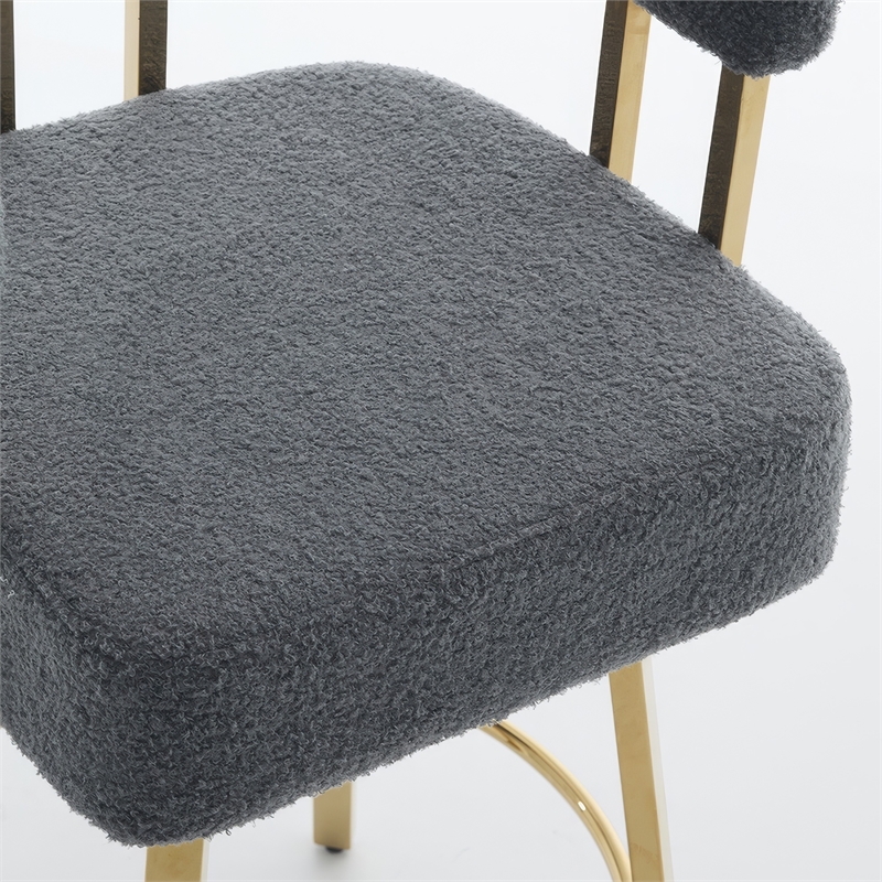 Fara Barstool Chair Set of 2- Foam Fill Gray Teddy Fleece- Gold Metal