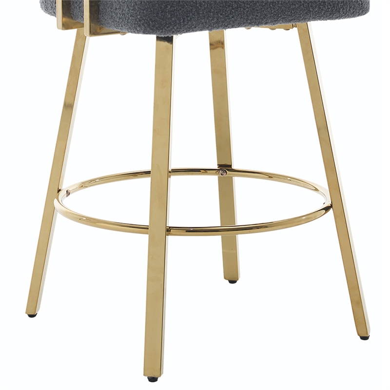 Fara Barstool Chair Set of 2- Foam Fill Gray Teddy Fleece- Gold Metal