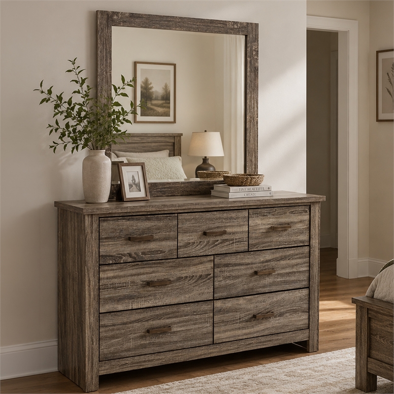 Ency Dresser Mirror- Framed Border- Textured Brown 38x43 Rectangular
