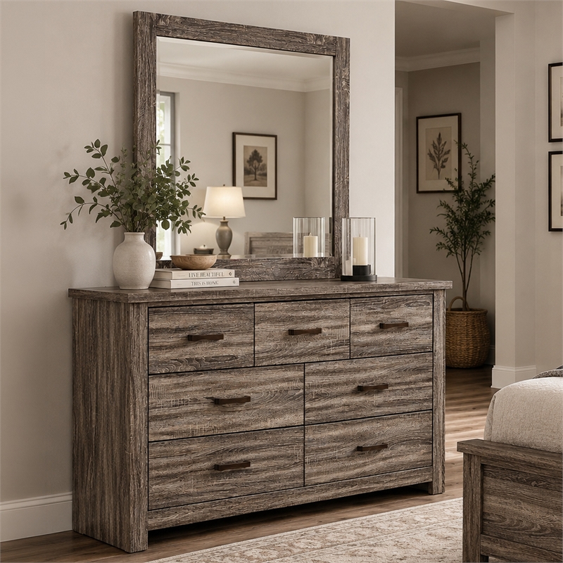 Ency Dresser Mirror- Framed Border- Textured Brown 38x43 Rectangular