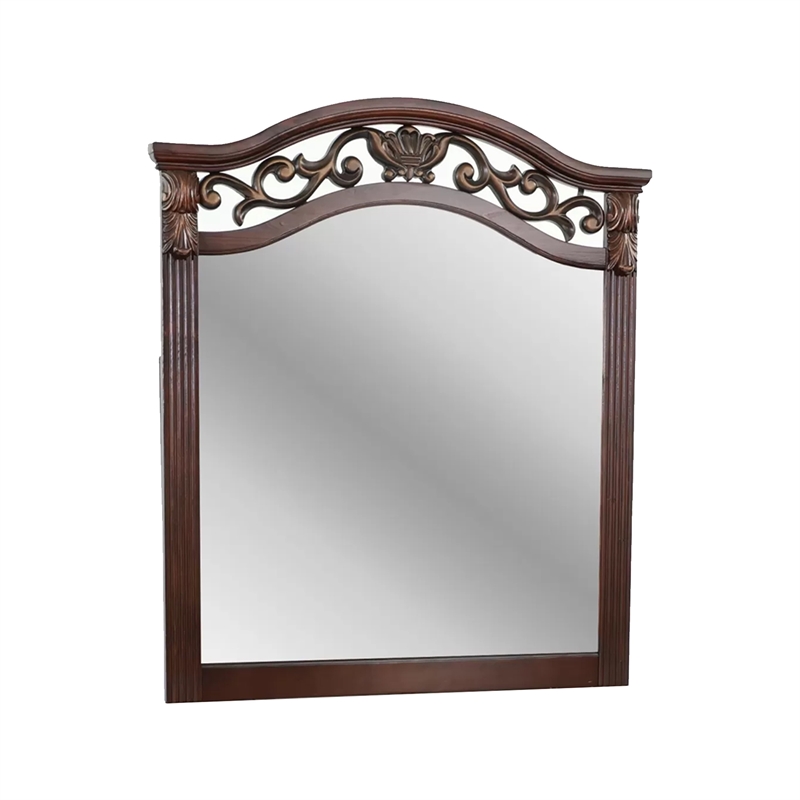 Ansa Arched Dresser Mirror- Carved Frame- Dark Cherry Brown Wood 37x41