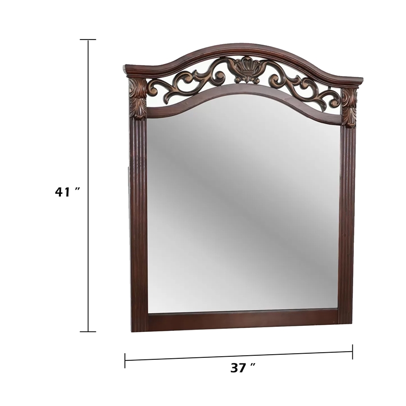 Ansa Arched Dresser Mirror- Carved Frame- Dark Cherry Brown Wood 37x41