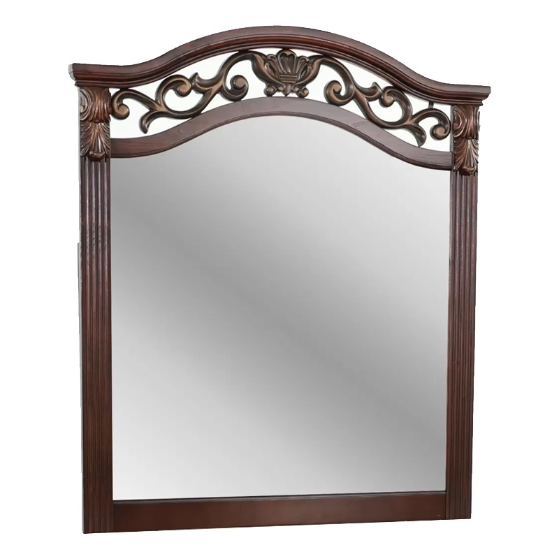 Ansa Arched Dresser Mirror- Carved Frame- Dark Cherry Brown Wood 37x41