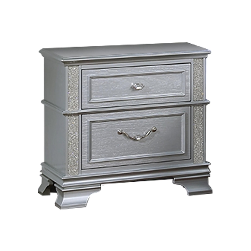 Kiol Nightstand- 2 Drawers- Glitter Stripes- Crystal Handles- Gray