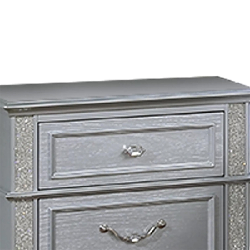 Kiol Nightstand- 2 Drawers- Glitter Stripes- Crystal Handles- Gray