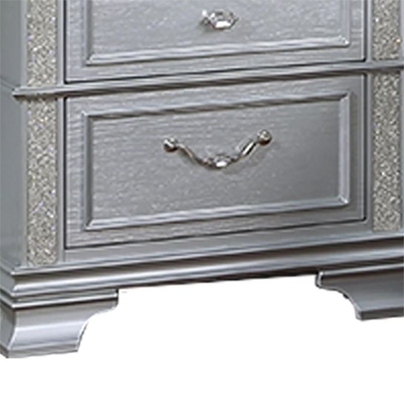 Kiol Nightstand- 2 Drawers- Glitter Stripes- Crystal Handles- Gray