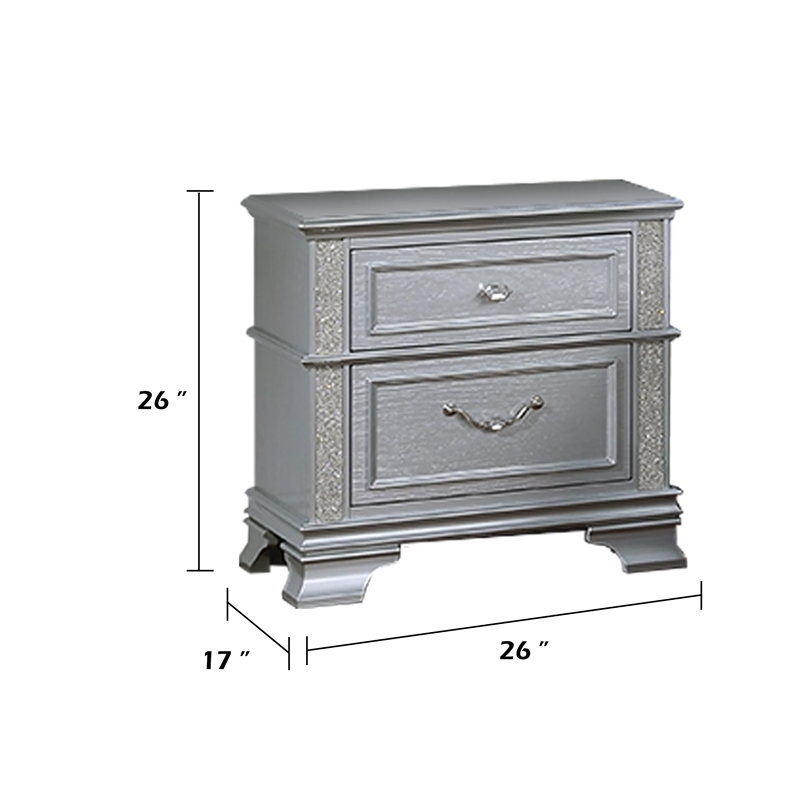 Kiol Nightstand- 2 Drawers- Glitter Stripes- Crystal Handles- Gray