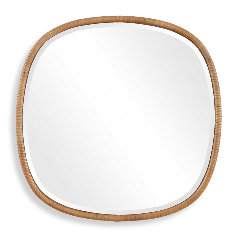 Boho Accent Wall Mirror- Beveled Glass- Natural Brown Rattan Woven- 34 Inch