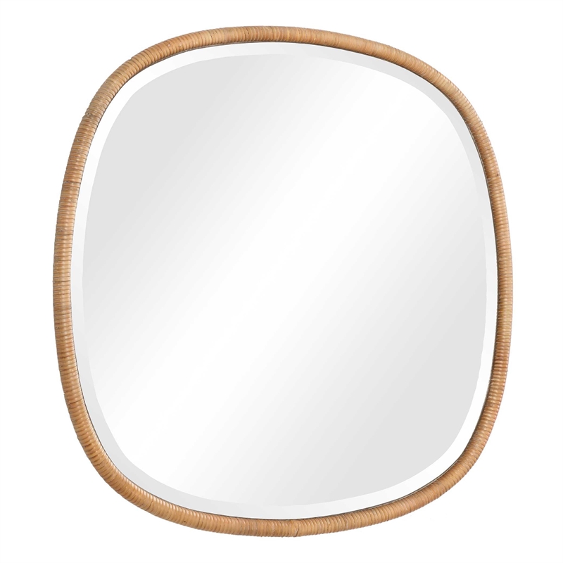 Boho Accent Wall Mirror- Beveled Glass- Natural Brown Rattan Woven- 34 Inch