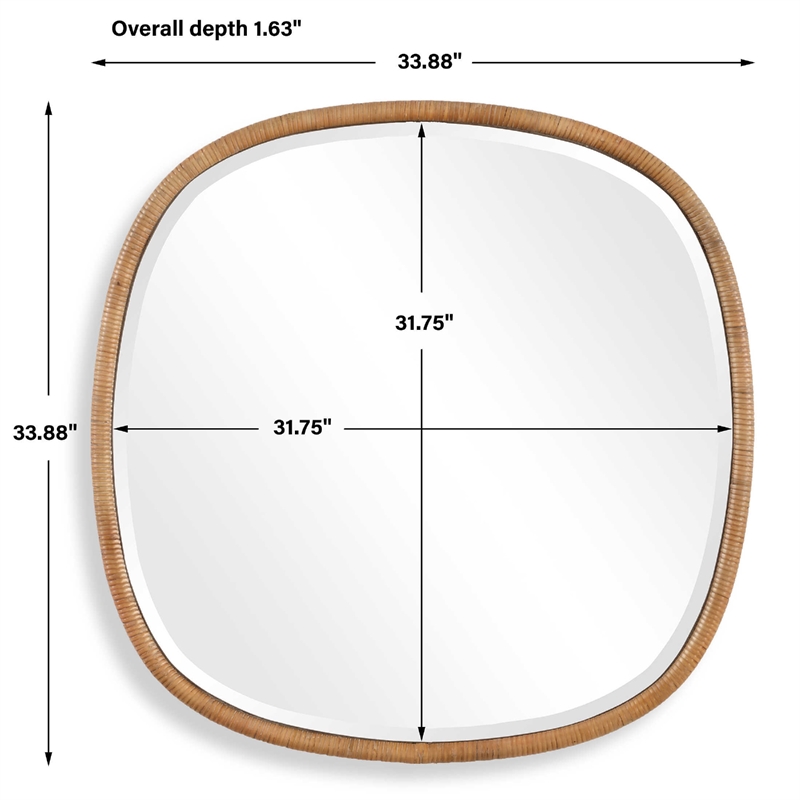 Boho Accent Wall Mirror- Beveled Glass- Natural Brown Rattan Woven- 34 Inch