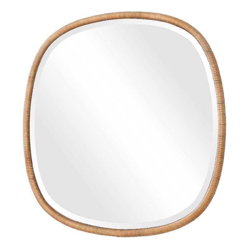 Boho Accent Wall Mirror- Beveled Glass- Natural Brown Rattan Woven- 34 Inch