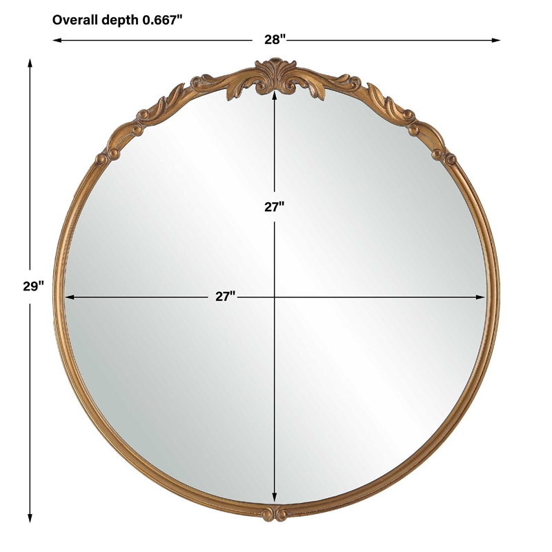 Accent Wall Mirror- Scrollwork- Antique Gold- Gray Glaze- Round 28 Inch