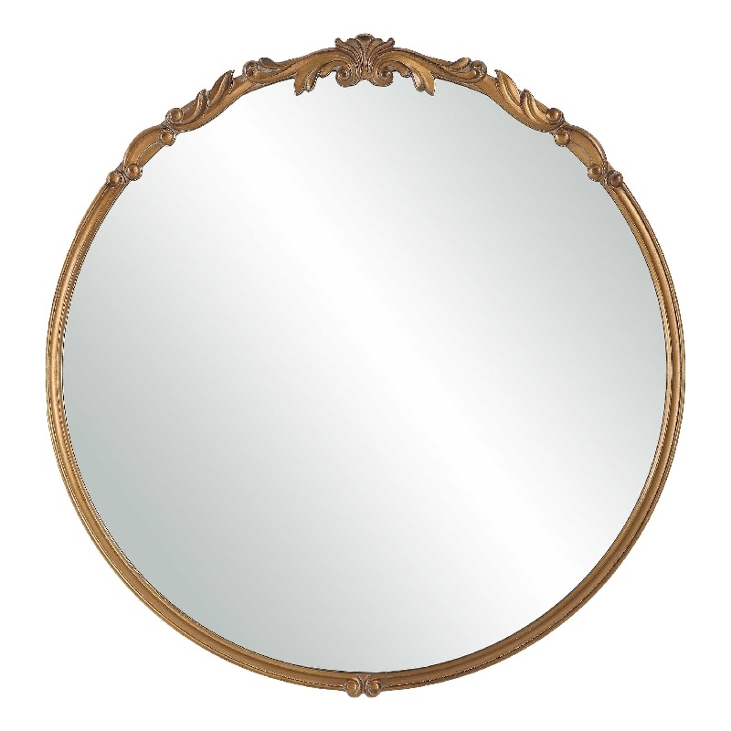 Accent Wall Mirror- Scrollwork- Antique Gold- Gray Glaze- Round 28 Inch