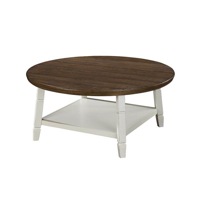 Ethy 3pc Round Coffee Table & End Table Set- Lower Shelf- Brown & White